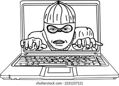 Online Thief trying to hack personal information, cyber thief on internet device and laptop, Hacker in laptop sketch drawing vector illustration, computer safety clip art and symbol.