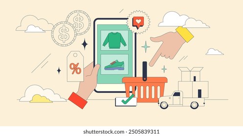 Online thrift store with second hand clothing shop tiny neubrutalism concept. Retail e-business with new, used or vintage clothes and shoes selling vector illustration. Old fashion reuse choice.