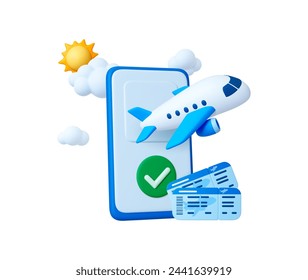 Online ticket 3d concept. Airplane travel, flight render scene. Plane fly from smartphone screen, tickets, clouds and sun. Tourism vector elements