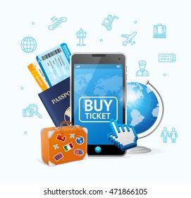 Online Ticket Airline with Mobile App. Service Concept. Vector illustration