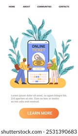 Online ticket booking concept with people using a smartphone to purchase cinema tickets surrounded by plants. Bright colors and modern design