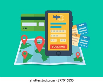 Online ticket booking. Internet e-commerce, travel and technology. Flat vector illustration