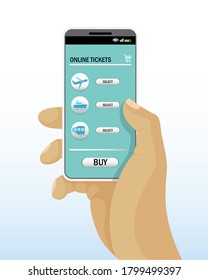 
Online ticket booking.
A man's hand holds a gadget and the page for ordering tickets is shown on the smartphone screen.