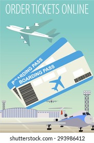 Online ticket booking ordering and boarding pass and  Airplane Airport 