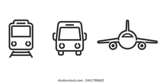 Online ticket booking service icons - airplane, train and bus silhouette - set of vector transport in bold line