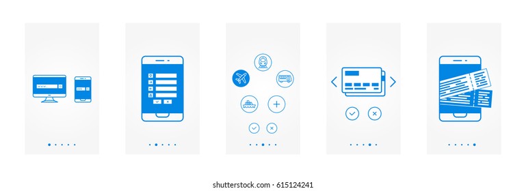 Online ticket booking vector illustration. Internet search, contact information, type of transport, payment and successful reservation creative concept.
