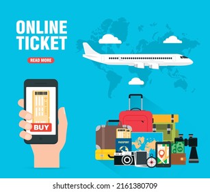 Online ticket buy. Time to travel concept design flat banner with airplane. Vector illustration