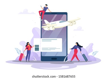 Online ticket concept. Buying tickets from your smartphone. Branching and buying tickets for travel. Recreation and tourism. Vector illustration with tiny characters in cartoon flat style.