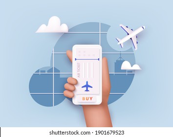 Online ticket concept. Buying tickets with smartphone. Traveling on airplane, planning a summer vacation, tourism. 3D Vector Illustrations. 