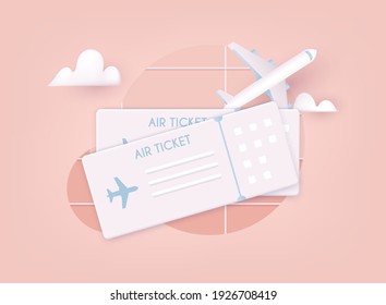 Online Ticket Concept. Buying Tickets With Smartphone. Traveling On Airplane, Planning A Summer Vacation, Tourism. 3D Vector Illustrations.