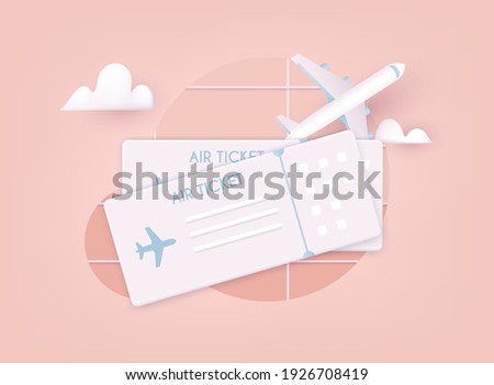 Online ticket concept. Buying tickets with smartphone. Traveling on airplane, planning a summer vacation, tourism. 3D Vector Illustrations.