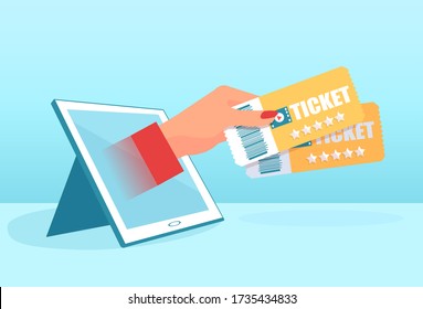 Online ticket order concept. Vector of a womans hand with tickets coming from a tablet computer