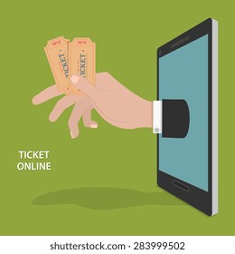 Online Ticket Order Flat Isometric Vector Concept. Mans Hand With Two Tickets Appeared From Smartphone or Tablet.