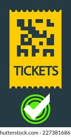 Online ticket purchase. Coupon with qr code illustration and button icon on grey background