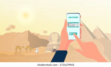 Online ticket purchase to Egypt. Buying a ticket through a smartphone. 