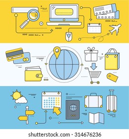 Online ticket reservation and booking accommodation. Transportation pay, search journey, offer voyage, reserve order travel, internet and flight illustration. Set of thin, lines flat icons