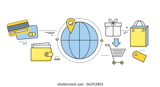 Online ticket reservation and booking accommodation. Transportation pay, search journey, offer voyage, reserve order travel, internet and flight illustration. Set of thin, lines flat icons