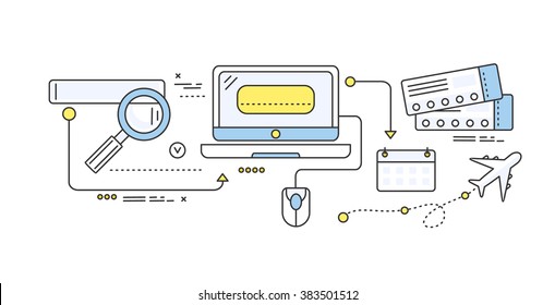 Online ticket reservation and booking accommodation. Transportation pay, search journey, offer voyage, reserve order travel, internet and flight illustration. Set of thin, lines flat icons