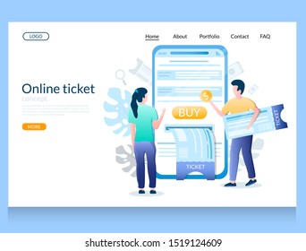 Online Ticket Vector Website Template, Web Page And Landing Page Design For Website And Mobile Site Development. Huge Smartphone And Tiny Characters Buying Cinema, Theater Or Concert Tickets Online.