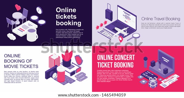 Online tickets booking\
banner set. Isometric set of online tickets booking vector banner\
for web design