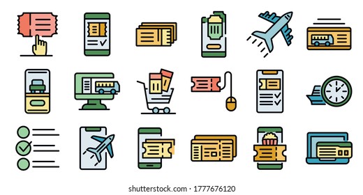 Online tickets booking icons set. Outline set of online tickets booking vector icons thin line color flat on white