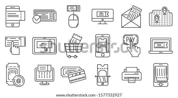 Online tickets booking icons set. Outline set\
of online tickets booking vector icons for web design isolated on\
white background