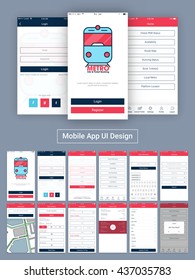 Online Tickets Booking Mobile Apps Material Design, UI, UX And GUI  With Login, Home, Register, Check PNR Status, Availability, Route Map, Book Tickets, Add Details, Cancel Ticket, Profile, Log Out.