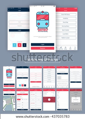 Online Tickets Booking Mobile Apps Material Design, UI, UX and GUI  with Login, Home, Register, Check PNR Status, Availability, Route Map, Book Tickets, Add Details, Cancel Ticket, Profile, Log Out.