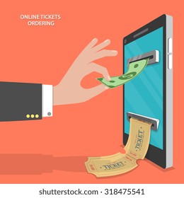 Online tickets ordering flat vector concept. Mans hand put banknote to the currency detector that located on the smartphone screen, and gets tickets.