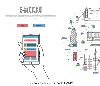Online tickets ordering poster with british famous architectural landmarks in linear style. E-booking vector with smartphone in hand, mobile payment. European traveling, London historic attractions