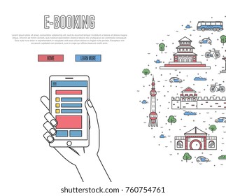 Online tickets ordering poster with chinese famous architectural landmarks in linear style. E-booking vector with smartphone in hand, mobile payment. World traveling, China historic attractions.