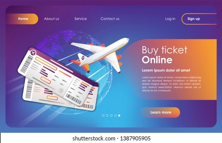 Online tickets reservation banner. Promo Booking online flights travel. Airline e-tickets purchase template. Concept for web page, presentation, smm, ad, site. Vector illustration. UX/UI/GUI design