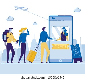 Online Tickets Service Purchase Cartoon Flat Vector Illustration. Man and Woman Characters Standing in Line with Luggage and Racksack to Box Office. Airplane Flying on Background. Mobile Phone Screen.