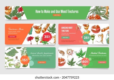 Online tinctures store landing page set vector flat illustration. Herbal, ginseng root, natural health supplements discount sale internet shopping order. Website horizontal banner design template