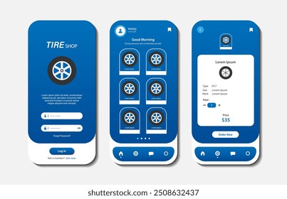 Design de loja de pneus on-line para aplicação móvel. Tela de plataforma de loja de pneus com produtos. Interface gráfica do usuário para aplicativos móveis ágeis