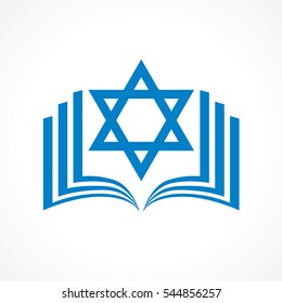 Online torah or tanakh vector logo. Open book with david star clipart icon. Computer software or phone application educational studying sign. Network user jewish avatar.