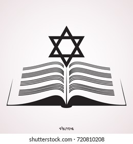 Online torah or tanakh vector logo. Open book with david star clipart icon. 