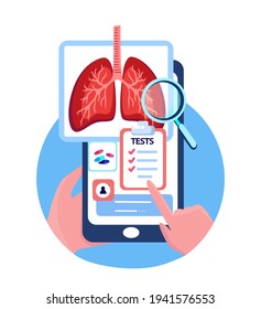 Online Touchscreen Pulmonology Hospital.Lungs,Trachea,Bronchi Curing Mobile Application.COVID,Pneumonia Smartphone Test.Consultation,Medical Internet Diagnostics.Digital Treatment. Vector Illustration