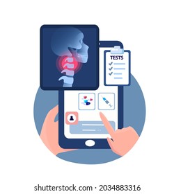 Online Touchscreen Rheumatology Orthopedics Surgery Mobile Application.Smartphone X Ray Radiography.Neck,Spine Osteoarthritis Pain.Osteochondrosis spondylosis.Internet Diagnostics.Vector Illustration