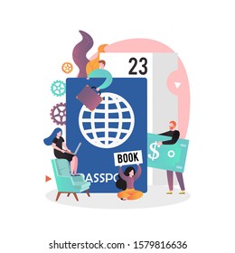 Online tour booking concept vector illustration. Travel agency search and flight booking composition with micro male and female characters and huge passport for web banner, website page etc.