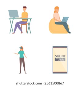 Online tour icons set cartoon vector. Virtual art gallery tour in device. Internet technology