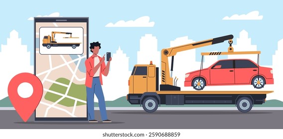 Online tow truck call service. Automobile emergency service, man hold smartphone, city map on screen. Broken automobile evacuation with crane. Cartoon flat style isolated vector concept