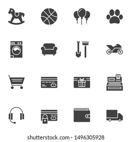 Online toy store vector icons set, modern solid symbol collection, filled style pictogram pack. Signs, logo illustration. Set includes icons as gift coupon, credit card, shopping cart, secure payment