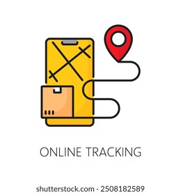 Online-Tracking-Farblinie Symbol, Fracht Wagen Service, Logistik, Lieferkette und Versand, Lieferung und Lagerung. Vektorlineares Vorzeichen der Box und Kartenstift auf Smartphone-Bildschirm, Sendungsüberwachung