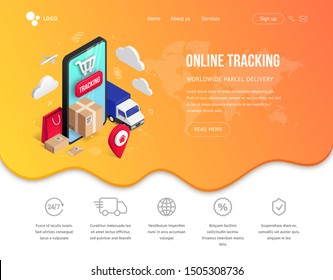 Online Tracking delivery service isometric web page concept with smartphone, parcel, truck on fluid gradient background. Logistic shopping advert 3d vector illustration for web, banner, ui, mobile app