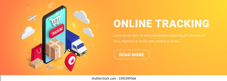 Online Tracking isometric banner concept with smartphone, parcel box, truck, pin on blue background. Logistic order delivery service 3d design. Vector illustration for web, ui, mobile app, advert