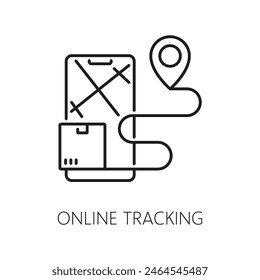 Online-Nachverfolgung, Logistik-Liniensymbol. Lieferkette, Zustellung und Lagerung, Frachtdienst Umriss Vektorgrafik Zeichen der bewegten Paket und Smartphone mit Karte, Pin und Titel, symbolisiert Echtzeit-Überwachung