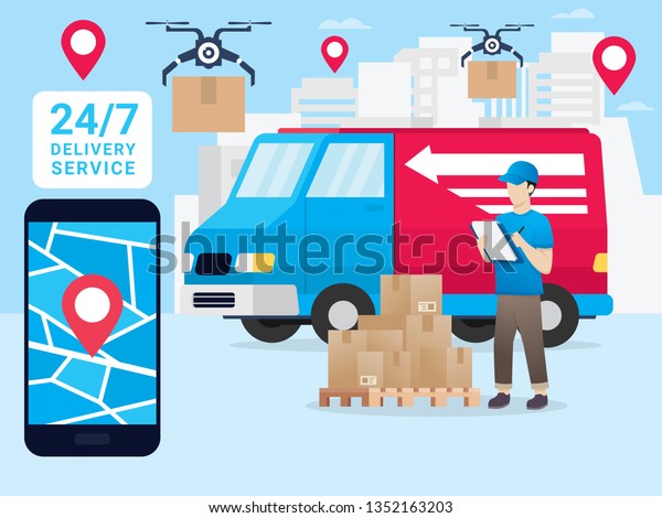 Online Tracking the movement of parcels in a\
smartphone. Logistics and transportation, delivery service. Online\
delivery service concept, online order tracking. Logistic delivery\
vector illustration