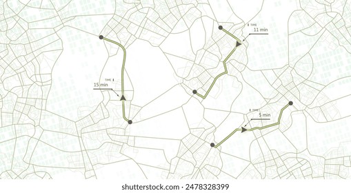 Online-Tracking auf der Karte von mehreren Autos. Verschiedene Routen auf den Stadtstraßen. Standort in Echtzeit. Vektorillustration
