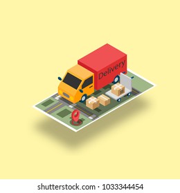 Online tracking. Truck on the map. Delivery of icons. Isometric, 3D. Design for commercial free fast delivery, web banner, brochure, business card. Vector illustration.